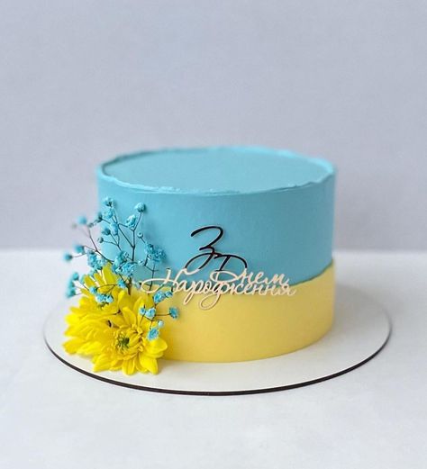 Yellow Blue Cake Birthday, Blue And Yellow Birthday Cake, Blue And Yellow Cake, Turquoise Cake, Chevron Cakes, Simple Cake Designs, Ombre Cake, Yellow Chevron, Simple Cake