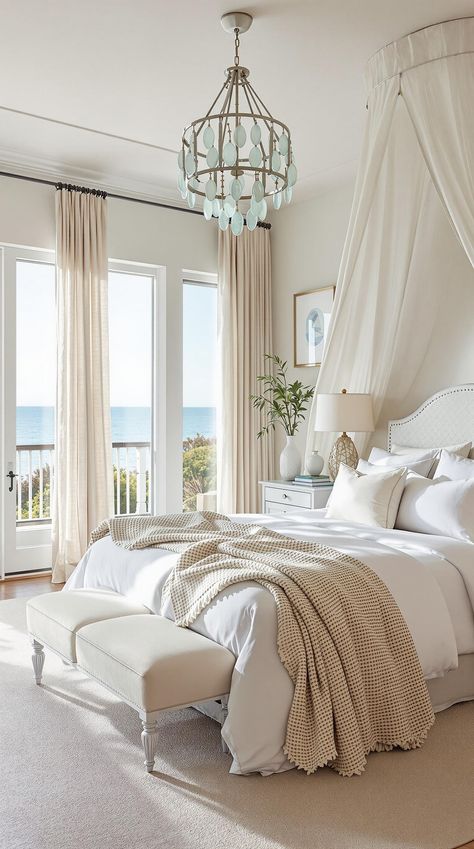 Coastal Master Bedroom Bedroom With Chandelier, Coastal Style Bedroom, Calming Coastal, Coastal Glam, Beach Inspired Decor, Lighting Tips, Cozy Fall Bedroom, Fall Bedroom, Beach Bedroom