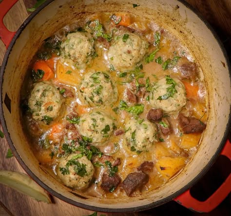 Scottish Beef & Dumplings Stew | The Wee Larder by Angie Milne Dumpling Stew, Beef Dumplings, Scottish Dishes, Beef And Vegetables, Welsh Recipes, Scottish Food, Recipe To Cook, Scottish Recipes, Recipes For The Whole Family