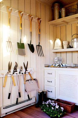 garden tools - a little too perfectly organized, and really, who has that much space in their garden shed!!! But, a good basic idea for organizing our mess of rakes, spades, etc Shed Organisation, Shed Inspiration, Shed Organization, Storage Shed Plans, Garden Tool Storage, Potting Sheds, Potting Bench, Garden Greenhouse, Diy Shed