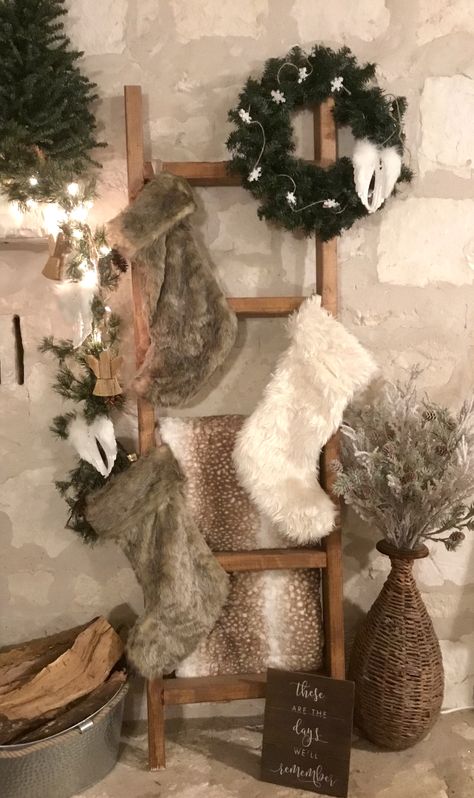 Christmas Stockings Ladder, Stockings On A Ladder, Stocking Ladder Christmas Diy, Wreath On Blanket Ladder, Blanket Ladder Christmas Stocking, How To Decorate A Blanket Ladder For Christmas, Winter Ladder Decor, Ladder With Stockings Christmas, Blanket Ladder Stocking Holder