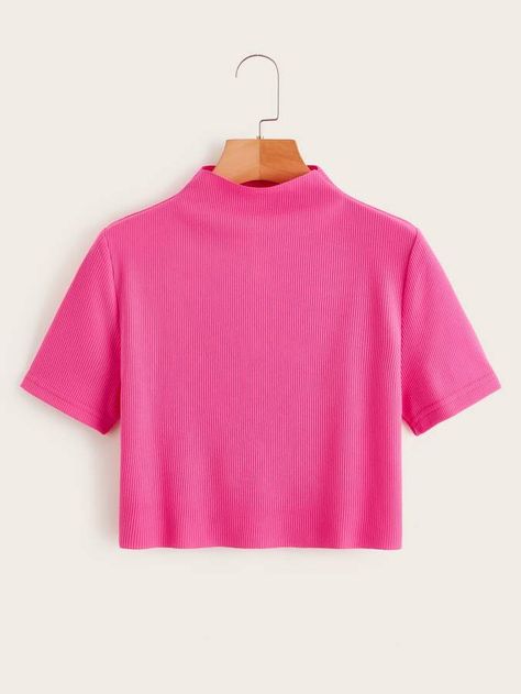 Shein Neon Pink Stand Collar Crop Tee Neon Pink Crop Top, Latest T Shirt, Pink Crop Top, Collar Pattern, Women T Shirts, Shein Style, Crop Tee, Neon Pink, Tie Dye Top