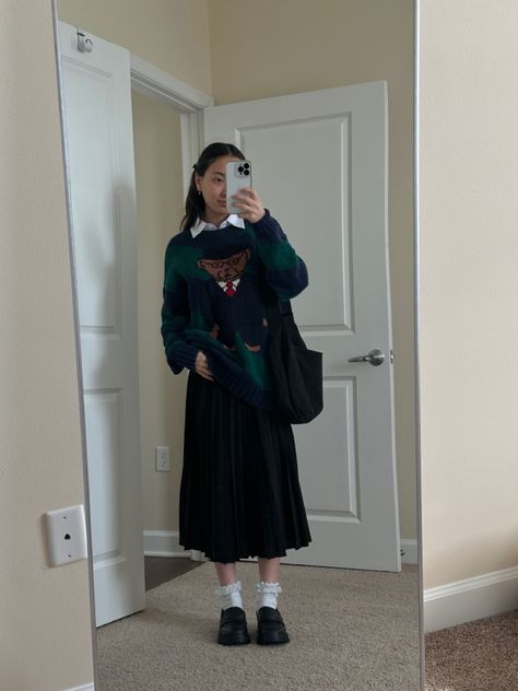 Maxi skirt, loafers, bear, sweater, collared, fall outfit, modest outfit, baggu Baggy Sweater Skirt Outfit, Skirt And Baggy Sweater, Maxi Skirt With Loafers, Skirt Cardigan Outfit Winter, Long Skirt Loafers Outfit, Loafers Skirt Outfit, Sweater And Long Skirt Outfit Aesthetic, Skirt And Loafers Outfit, Black Maxi Skirt Outfit Winter