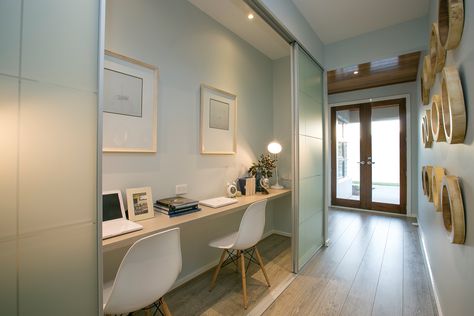 Ash | study nook in hallway cupboard. (Sherridon) Nook Hallway Ideas, Office Nook Hallway, Study Nooks In Hallway, Office Nook In Hallway, Office Hallway Ideas, Home Office In Hallway, Study Nook Hallway, Study Nook In Bedroom, Nook In Hallway