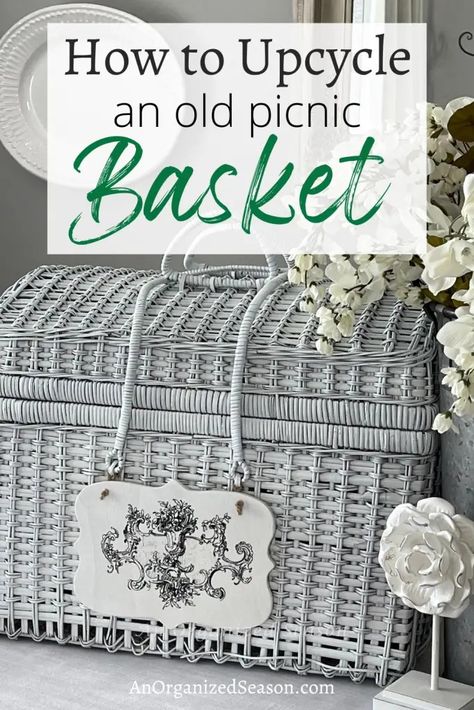 Upcycle Picnic Basket, Wicker Picnic Basket Repurposed, Picnic Basket Makeover Ideas, Wicker Laundry Basket Repurpose, Repurposed Picnic Basket, Vintage Picnic Basket Decor Ideas, Diy Picnic Basket Ideas, Basket Repurpose Ideas, Vintage Picnic Basket Decor