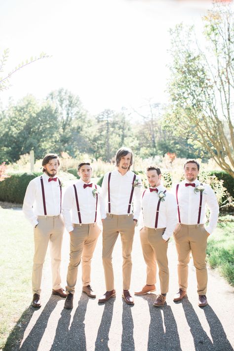 Burgundy suspenders and bow ties Groomsmen Attire Fall Wedding, Groomsmen Attire Suspenders, Rustic Groomsmen Attire, Fall Wedding Groomsmen, Khaki Wedding, Grooms Outfit, Groom Suspenders, Groomsmen Suspenders, Wedding Groomsmen Attire