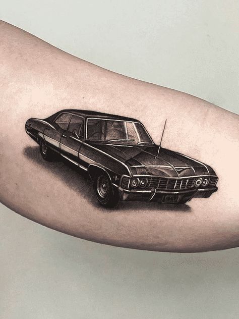 Race Car Tattoo For Women, Vintage Car Tattoo Design, Classic Car Tattoo Ideas, Car On Fire Tattoo, Old School Car Tattoo, Old Car Tattoo, Car Inspired Tattoos, Race Car Tattoo, Camaro Tattoo