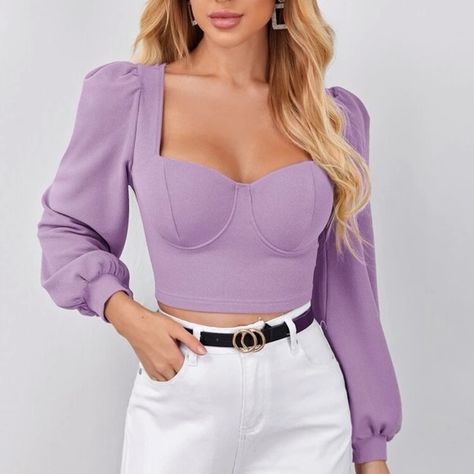 Sweetheart neck bustier crop top puff long sleeve y2k lilac purple pastel Purple Corset, Crop Top With Jeans, Purple Pastel, Slim Fit Crop Top, Purple Crop Top, Puff Long Sleeves, Crop Top Tees, Blue Crop Tops, Bishop Sleeve