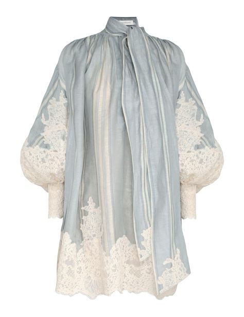 The Lyrical Lace Edge Tie Mini in Blue/Cream Stripe from our Fall 2023 Collection, Luminosity. A silk linen mini dress featuring exaggerated sleeves and a statement necktie, finished with contrast edges of corded lace throughout. Kebaya Lace, 2024 Dresses, Unusual Clothes, Fashion Archive, Exaggerated Sleeves, Dresses Fall, Linen Mini Dress, Corded Lace, Fantasy Gowns