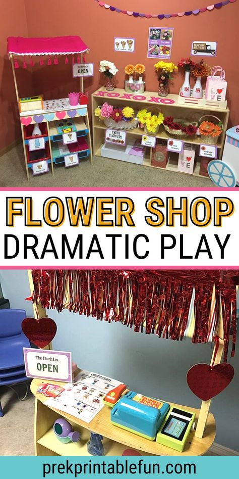 Flowers Dramatic Play, Setting Up Dramatic Play Center, Simple Dramatic Play, Preschool Dramatic Play School Theme, Florist Dramatic Play, 1st Grade Dramatic Play, Dramatic Play Spring Theme, Dollar Tree Pretend Play, Role Play Shop Ideas