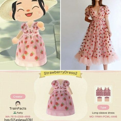 Acnh Dress, Cottage Core Animal Crossing, Island Remodel, Custom Design Dress, Strawberry Outfit, Clothes Codes, Acnh Clothes, Animal Crossing 3ds, Animals Crossing