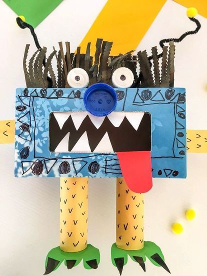 MARCEL THE RECYCLED TISSUE BOX MONSTER My Big boy and I attempted to craft a recycled tissue box monster a couple of weeks ago. Our monster turned out more cute than scary though and that won’t do for a monster-loving 5 year old! Have a look at my Instagram to see how our monster initially looked. We have since set about making him scarier, we gave him vicious talons, sharp spikes, savage horns and black mangey hair! Despite all this, he remained loveable, so in the end we named hi… Craft Ideas With Popsicle Sticks, Ideas With Popsicle Sticks, Box Monster, Tissue Box Crafts, Kids Valentine Boxes, Ice Cream Sticks, Monster Box, Cardboard Recycling, Recycled Crafts Kids