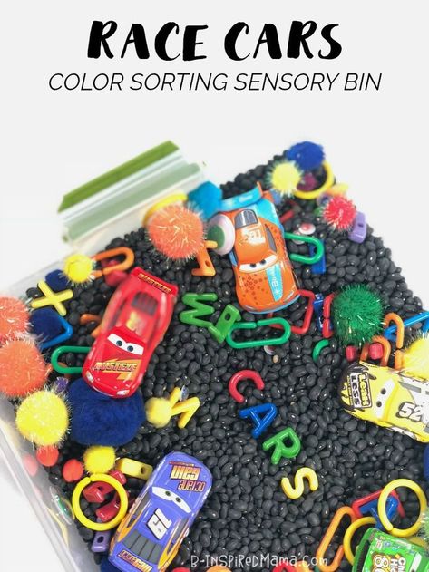 Celebrate Cars Day with a Fun Race Car Themed Color Sorting Sensory Bin and new Cars 3 Toys from Walmart! Preschoolers will love learning colors with this fun sensory activity with a Car spin! Perfect for homeschool preschool or just for fun! #cars3atwalmart #sponsored #cars #racecars #kids #kidsactivities #kidsactivity #sensory #sensoryactivities #sensorybin #sensoryactivity #learning #learningisfun #fun #preschool #preschoolers #colors #color #learningcolors Sorting Sensory Bin, Easy Indoor Activities, Color Learning, Homemade Playdough Recipe, Infant Sensory Activities, Sorting Mats, Sensory Activities Toddlers, Transportation Theme, Sensory Activity