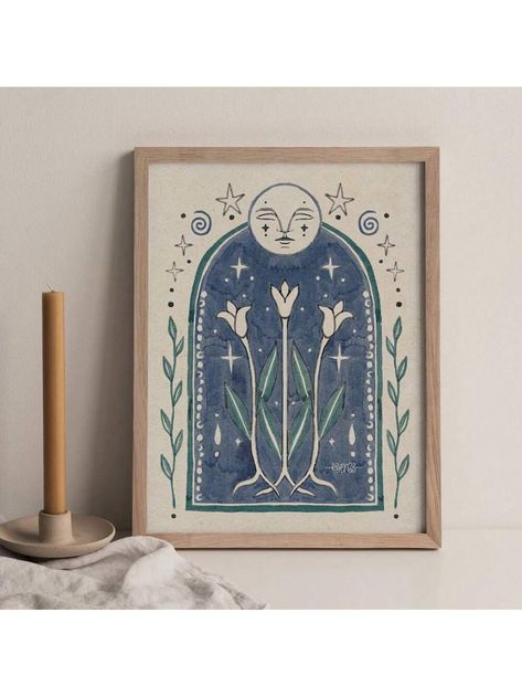 1pc, Spiritual Art Print Moon Phase Illustration Boho Gift Idea Blue Folk Flower Nature Mystical Artwork Floral Vintage Stars Earthy Room Decor, Living Room Painting, Bedroom Wall Painting, 50*70cm (19.7*27.5in) UnframedI discovered amazing products on SHEIN.com, come check them out! Earthy Room Decor, Moon Design Art, Mystical Artwork, Earthy Room, Homemade Xmas Gifts, Sunburst Art, Vintage Stars, Moon Illustration, Boho House