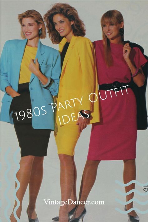 Bring on the eye popping colors! These 1980s outfits are a blast to wear at your next party. Girls and guys outfit ideas at VintageDancer.com 80s Blazer Outfit Party, 1980s Couples Costume Ideas, 80s Power Suit For Women, 80’s Fancy Dress, 80 Theme Party Outfit 80s Style, 1980s Outfit Ideas, 80s Party Outfits Couples, 1980s Party Outfits, 80s Party Outfits 1980s Style