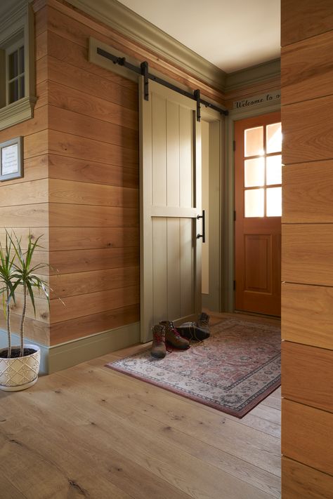 Entrance Wood Paneling, Wooden Wall Treatments Interiors, Light Oak Wall Panelling, White Wooden Wall Panelling, Cedar Doors Interior, Floors With Wood Panel Walls, Light Wood Wall Paneling, White Oak Wood Paneling, Oak Wood Panel Walls