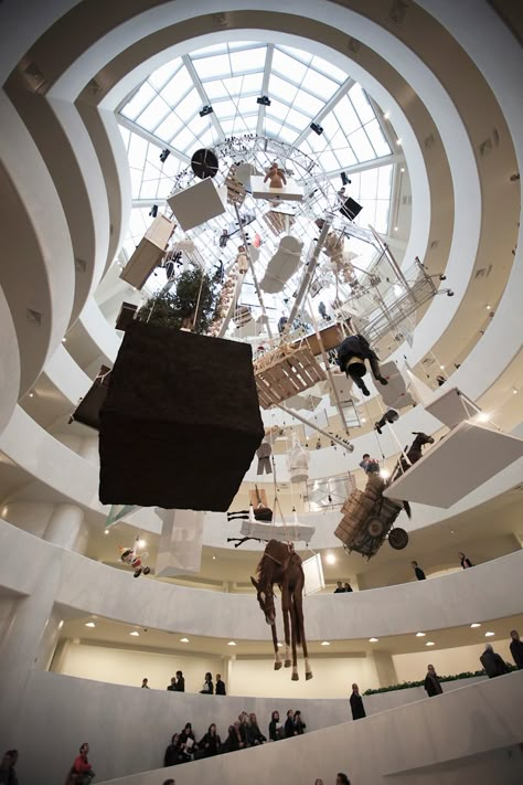 Maurizio Cattelan: All Retrospective at The Guggenheim Museum in New York. Would be amazing to be able to see it... Hanging Art Installation, Worms Eye View, Maurizio Cattelan, Artistic Installation, Guggenheim Museum, Albufeira, Frank Lloyd, Frank Lloyd Wright, Lloyd Wright