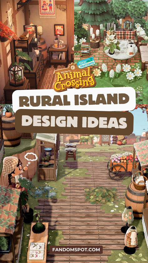 Animal Crossing: New Horizons custom rural island theme designs. Animal Crossing Resort Island, Acnh Archeology Site, Animal Crossing Wood Path Code, Aesthetic Acnh Island Ideas, Animal Crossing Forestcore Ideas, Tree Orchard Animal Crossing, Acnh Campcore, Animal Crossing Custom Design Ideas, Animal Crossing Western Theme