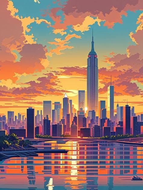 New York Cartoon Wallpaper, City Concept, Procreate Ideas, Modern Indian Art, Youtube Banner Backgrounds, Digital Phone, City Cartoon, Summer Illustration, Sunset City