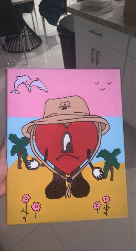 Painting Ideas On Canvas Bad Bunny, Small Canvas Love Painting, Cool Album Covers To Draw, Love Painting Canvas Aesthetic, Trippy Easy Art, Painting Ideas Bad Bunny, Painted Album Covers On Canvas, Bad Bunny Painting Ideas, Album Cover Paintings Easy