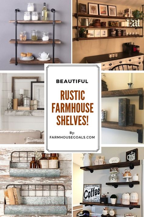 50+ Farmhouse Shelves! Discover the most beautiful and rustic farmhouse shelves for your country home. Rustic style shelves are perfect for wall decorations and they can feature pictures, farmhouse accent decor, and more. Rustic Shelves Diy, Farmhouse Shelves Diy, Garden Rustic, Diy Dining Room, Garden Decor Diy, Diy Dining, Farmhouse Shelves, Funky Decor, Floating Shelves Diy