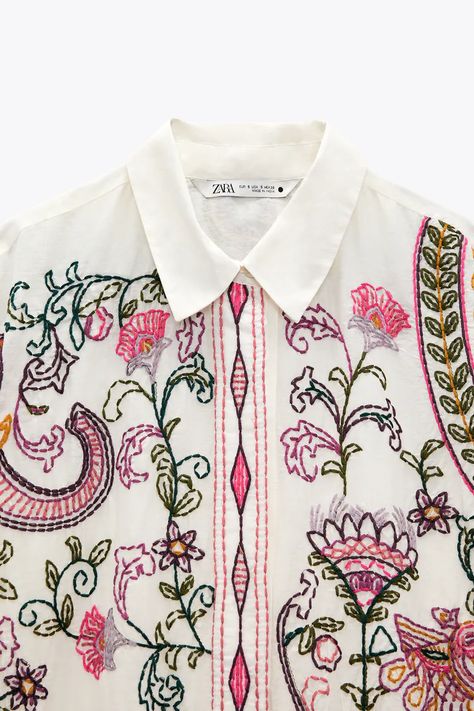 EMBROIDERED LONG SHIRT - Oyster White | ZARA United States Indian Motifs, Embroidered Kurti, Oyster White, Couture Embroidery, Embroidered Pants, Embroidery Motifs, Batik Prints, Embroidered Clothes, Designer Dresses Indian