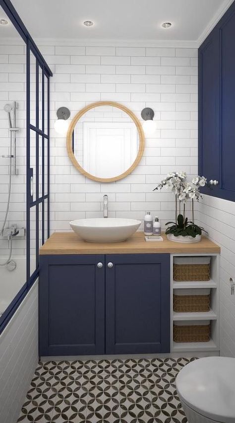 Makeover Kamar Mandi, Bathroom Sink Cabinets, Bad Inspiration, Small Bathroom Makeover, Guest Bathrooms, Trendy Bathroom, Sink Cabinet, Blue Bathroom, Bath Room