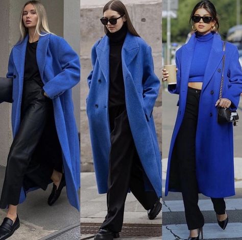 Light Blue Coat Outfit, Blue Coat Outfit, Coat Outfits For Women, Blue Outfit Winter, Bright Winter Outfits, Royal Blue Coat, Blue Winter Coat, Winter Coat Outfits, Jacket Outfit Women