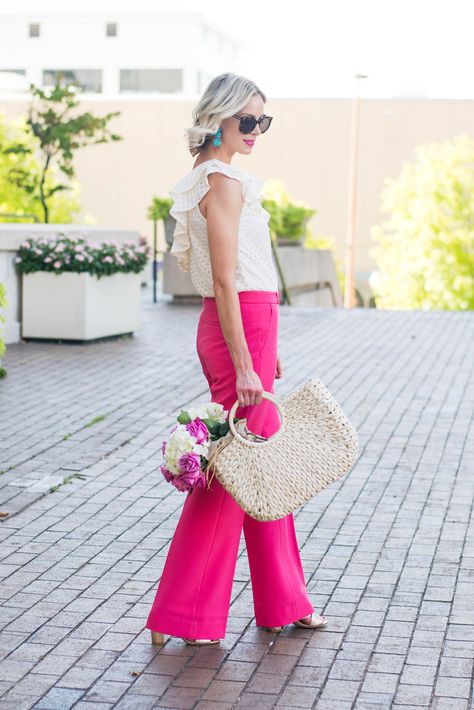 dressy pink pants and cream ruffle top, bright summer dressy pants outfit High Waist Pink Pants Outfit, Hot Pink Palazzo Pants Outfit, Hot Pink Trousers Outfit Classy, Hot Pink Slacks Outfit Work, Neon Pink Pants Outfit, Styling Hot Pink Pants, Hot Pink Slacks Outfit, How To Style Hot Pink Pants, Hot Pink Dress Pants Outfit