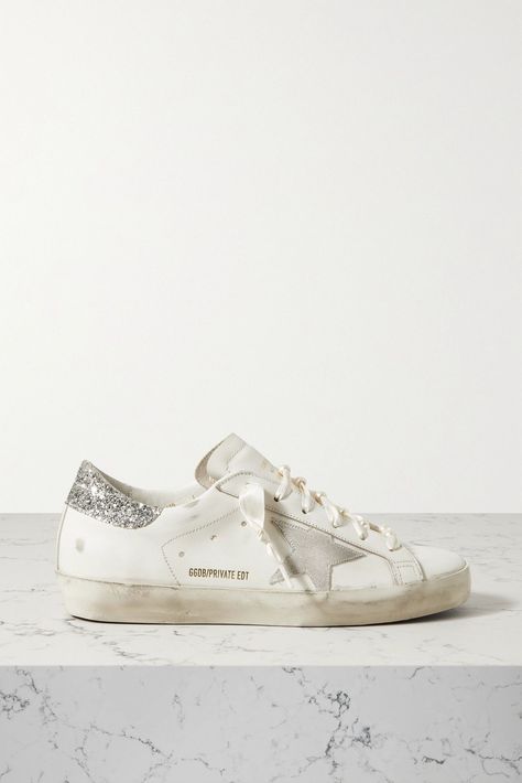 EXCLUSIVE AT NET-A-PORTERGolden Goose's signature 'Super-Starsneakers are so comfortable you'll want to wear them everywhereThey're crafted in Italy from leather and distressed by hand just like the originalsThis pair is also studded with lustrous faux pearls along the satin laceselevating them from the rest of your collection. White Golden Goose Sneakers, Neutral Golden Goose, Shoes With Stars Sneakers, Golden Goose Silver Glitter, Hi Star Golden Goose, Wedding Golden Goose, It Girl Sneakers, Ggdb Sneakers, Golden Goose Glitter