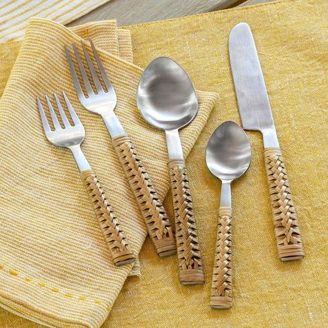 5 Piece Natural Bamboo Handled Flatware Set Unique Flatware, Small Spoon, Soup Spoon, Salad Fork, Ocean Drive, Dinner Fork, Wood Detail, Custom Made Furniture, Dessert Spoons