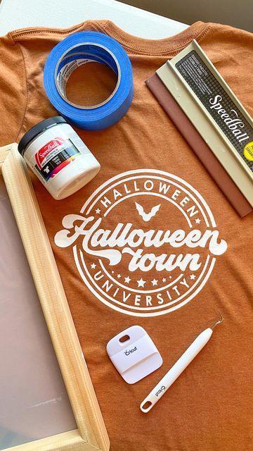 CHRISTINE LEE | TEACHER-OWNED SHOP on Instagram: "Is there a DIY crafting course at Halloweentown University? Halloween mood is ON and I’m glad I have just the custom shirt for it! #ad ⠀ I grabbed all my materials at @michaelsstores Speedball® Neoprene Squeegee Speedball® Screen Printing Frame Speedball® Screen Printing Ink Bella + Canvas shirt Painter’s tape ⠀ I also used my Cricut Maker and Smart Vinyl Permanent to cut out the design! ⠀ What do you think about screen printing? Have you tried Fall Screen Print Shirts, Christine Lee, Screen Printing Frame, Halloweentown University, Screen Printing Ink, Cricut Projects Beginner, Screen Printing Shirts, Printing Ink, Cricut Maker