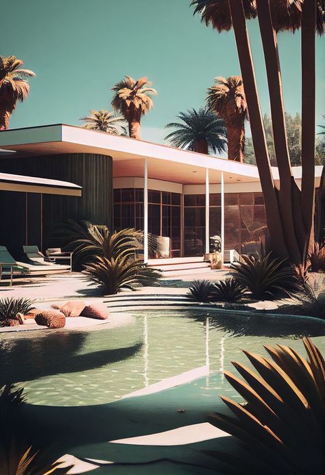 Treat yourself to a mid-century home, a sparkling pool and a jungle of palm trees for the ultimate tropical escape! Get a taste of the Palm Springs vibes when you take a dip in the refreshing pool. Would you buy a pack of these wallpapers? #midcenturyhome #sunnyday #tropicalretreat #designdesign #homedecor #wallpaperinspo #0102 Palm Springs Homes Exterior, 70’s House, Palm Springs Homes, Spring Architecture, Palm Springs Houses, Home With Pool, Palm Springs House, Midcentury Architecture, Palm Spring