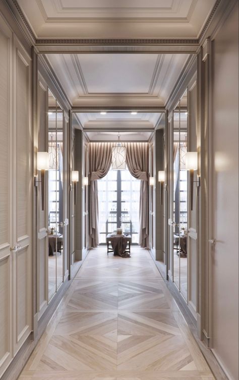 Passage Design, Tall Window Treatments, Ceiling Classic, Floor Medallion, Corridor Design, Hallway Art, Neoclassical Interior, Doors And Floors, Hallway Design