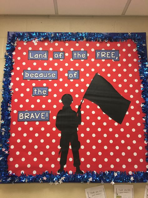 Veterans Day Bulletin Board #atokaelementary #landofthefree #veteransday Veteran's Day Bulletin Board Ideas, Veterans Day Posters For School Ideas, Veteran Bulletin Board Ideas, Veterans Day Bulletin Board For School, Veterans Day Poster Ideas For Kids, Veterans Day Door Decorations, Veterans Day Celebration Ideas, Veterans Day Bulletin Board, Veterans Day Float Ideas