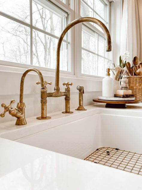 Our Unlacquered Brass Kitchen Faucets - Deb and Danelle Kitchen With Brass Accents, Unlacquered Brass Kitchen Hardware, Mixed Metals Kitchen, Brass Kitchen Faucets, Brass Kitchen Fixtures, Unlacquered Brass Kitchen, Unlacquered Brass Kitchen Faucet, Unlaquered Brass, Unlacquered Brass Faucet