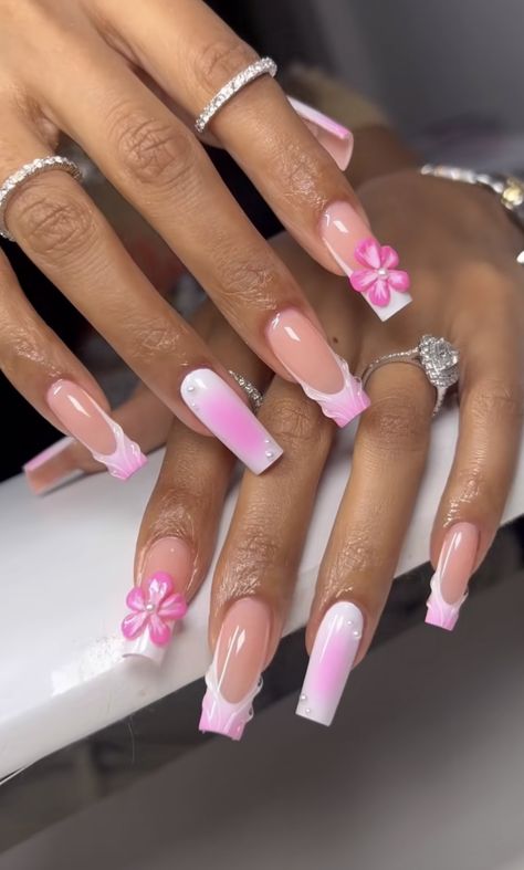 Pink Virgo Nails, Nails Birthday Pink, Summer Nails With Charms, Flamingo Pink Nails, Pink Nails Hoco, Baddie Pink Nails, Pink On Pink French Nails, Pink Acrylic Coffin, Birthday Nails Pink