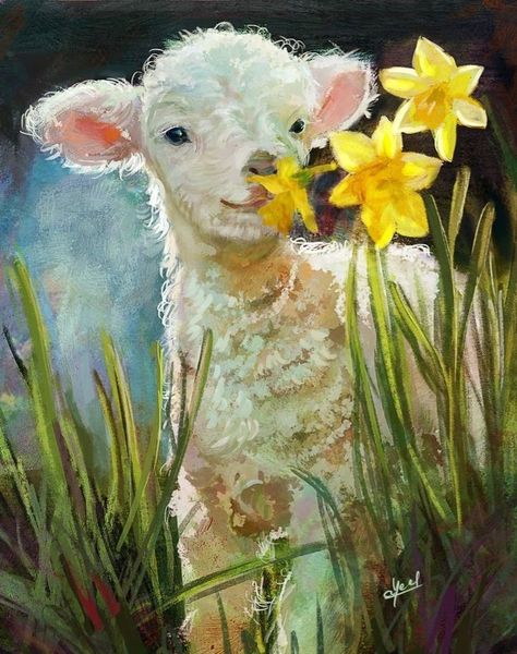 Smiling Lamb, Farm Animal Paintings, Animal Paintings Acrylic, Easter Paintings, Sheep Paintings, Sheep Art, Farm Art, Cute Paintings, Easter Art