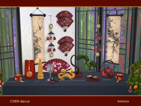 soloriya's Chen Decor Sims 4 Kitchen, Sims Stories, Sims 4 Bedroom, Sims 4 Clutter, Asian Furniture, Chinese Decor, Asian Home Decor, Chinese Furniture, Sims 4 Toddler