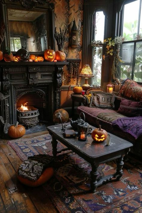 Green Witch Aesthetic Home Living Room, Halloween Decorations Indoor Living Room, Witchy Rooms, Witch Living Room, Witchy House Decor, Witchy Living Room, Goth Living Room, Gothic Living Room, Witchy House