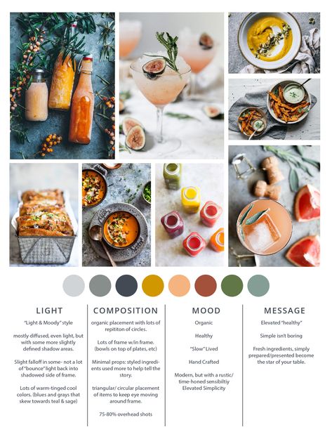 Food Photography Mood Board, Food Moodboard Aesthetic, Food Blog Branding, Healthy Mood Board, Color Palette Instagram Feed, Mood Board Photography, Mood Board Food, Colour Palette For Food Brand, Food Blog Color Palette