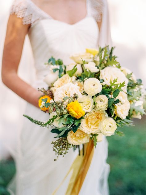 #gold ribbon bouquet #yellow and white | floral design by Lisa Collins & Jordana Masi for SWEET WOODRUFF Wedding Bouquet Yellow, Yellow Bridal Bouquets, Simple Beach Wedding Ideas, Yellow Wedding Bouquet, Yellow Wedding Ideas, Yellow Weddings, Yellow Wedding Inspiration, Yellow Wedding Flowers, Yellow Bouquets