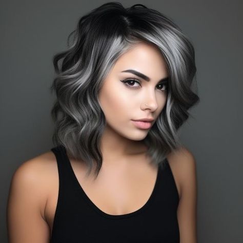 Grey Hair Around The Face, Black And Smokey Grey Hair, Hair Looks For Prom Medium Hair, Blending Grays Into Black Hair, Blending Gray Hair Brunettes Diy, Styles For Grey Hair Over 50, Smokey Silver Grey Hair, Smokey Silver Gray Hair, Shades Of Grey Hair Color Highlights