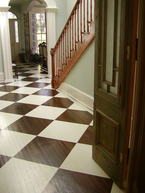 floors Checkered Floor Game Room, Black And White Painted Wood Floors, Antique Checkered Floor, Wooden Checkerboard Floor, Checkered Stained Wood Floor, Painted Diamond Floor, Brown And Cream Checkered Floor, Burgundy Checkered Floor, Painted Wood Floors Kitchen