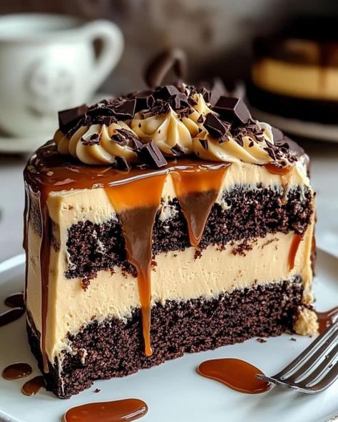 Chef Michael D. Symon | Chocolate Fudge Cake with Salted Caramel Buttercream, Salted Caramel, and Dark Chocolate Ganache 🍫🍰 | Facebook Chocolate Chip Cake Recipe, Salted Caramel Buttercream, Gooey Caramel, Dark Chocolate Ganache, Caramel Buttercream, Fudge Frosting, Chocolate Chip Cake, Decadent Chocolate Cake, Rich Chocolate Cake