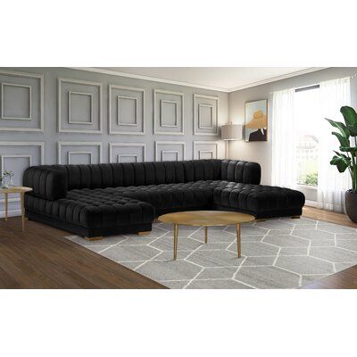 Settle in for family game night atop this Gwen velvet sectional that's upholstered with soft velvet material. This 3-piece sectional has a lot to offer, with its deep seating and extra wide design that gives you oodles of room to move around and get comfy. The tufted design of the arms, back, and seats adds to their durability and soft, welcoming touch. The sectional comes with two sets of legs in both gold and chrome to mesh nicely with other elements in your room. Everly Quinn Fabric: Living B Black Sectional, Modern Living Room Lighting, Large Sectional, Velvet Sectional, Sectional Sofas Living Room, 3 Piece Sectional, Meridian Furniture, Upholstered Sectional, Gold Chrome