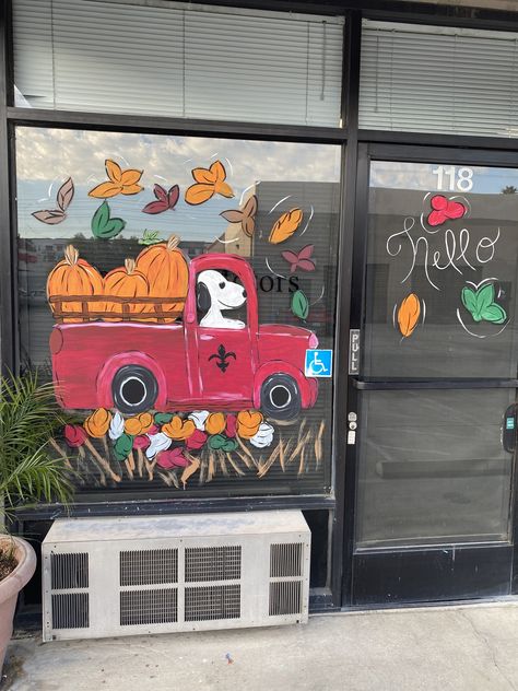 November Window Painting, November Window Art, Fall Window Painting Ideas Easy, Autumn Window Art, Thanksgiving Window Painting, Library Windows, Fall Window Painting, Salon Window, Autumn Window