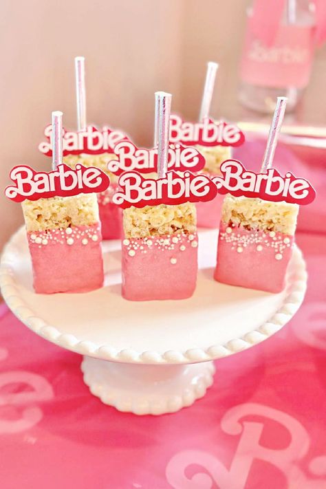 Don't miss this beautiful Barbie-themed birthday party! The Krispie Treats are wonderful!! See more party ideas and share yours at CatchMyParty.com Barbie Girl Birthday Party Ideas, Barbie Birthday Party Food, Barbie Treats, Barbie Dessert Table, Barbie Party Food, Girls Barbie Birthday Party, Barbie Birthday Party Ideas, Barbie Pool, Barbie Pool Party