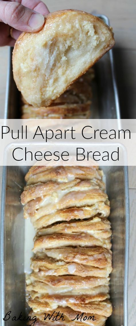 Pull apart cream cheese bread recipe for breakfast or snack. Easy cinnamon sugar mixture makes this bread easy and delicious Pull Apart Cheese Bread, Cream Cheese Bread, Cheese Bread Recipe, Recipe For Breakfast, Pane Dolce, Breakfast Bread Recipes, Easy Cinnamon, Cream Cheese Recipes, Köstliche Desserts