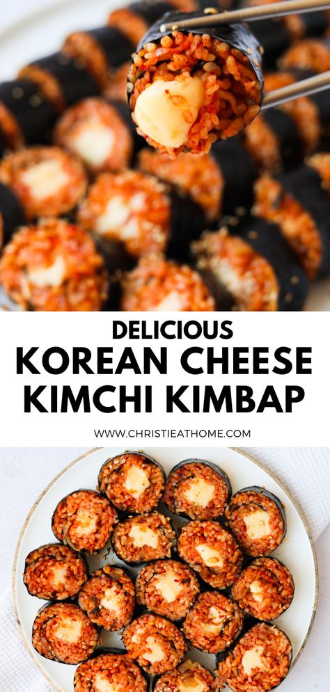 Cheese Kimbap Recipe, Kimchi Gimbap Recipe, Lunch Ideas With Kimchi, Asian Dinner Sides, Kimchi Snack Ideas, No Rice Kimbap, Korean Recipes With Rice, Korean Food Healthy Aesthetic, Gimbap Sauce